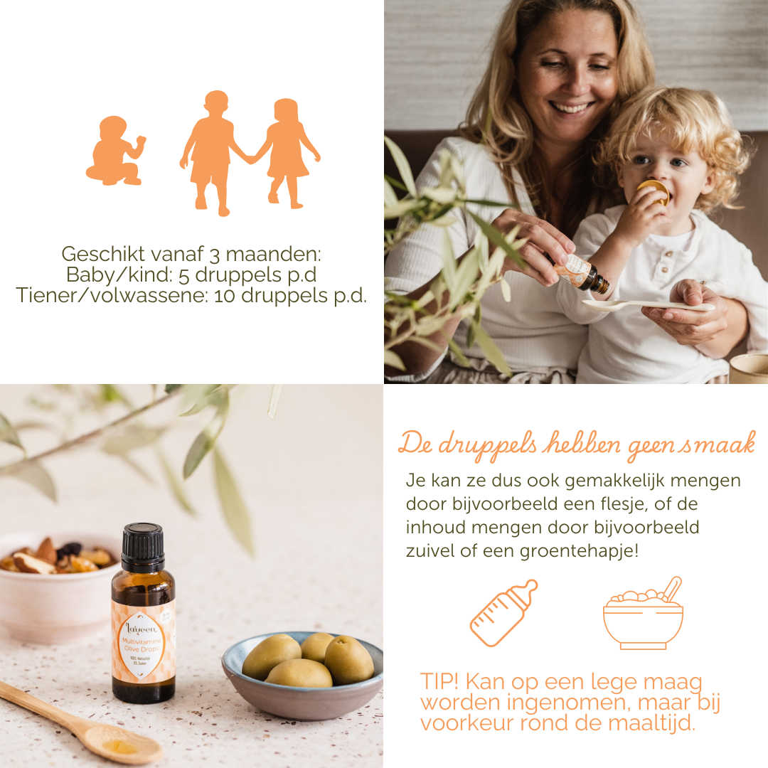 Gebruiksadviezen voor de multivitamine druppels: geschikt vanaf 3 maanden, baby's en kinderen 5 druppels per dag en tieners of volwassenen 10 druppels per dag. De druppels hebben geen smaakje en kunnen gemengd worden door een flesje of een groentehapje bijvoorbeeld.