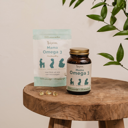 Laveen Mama Omega 3 met DHA uit microalgen, glazen pot met navulverpakking en softgels voor vrouwen met kinderwens, tijdens zwangerschap en borstvoeding.