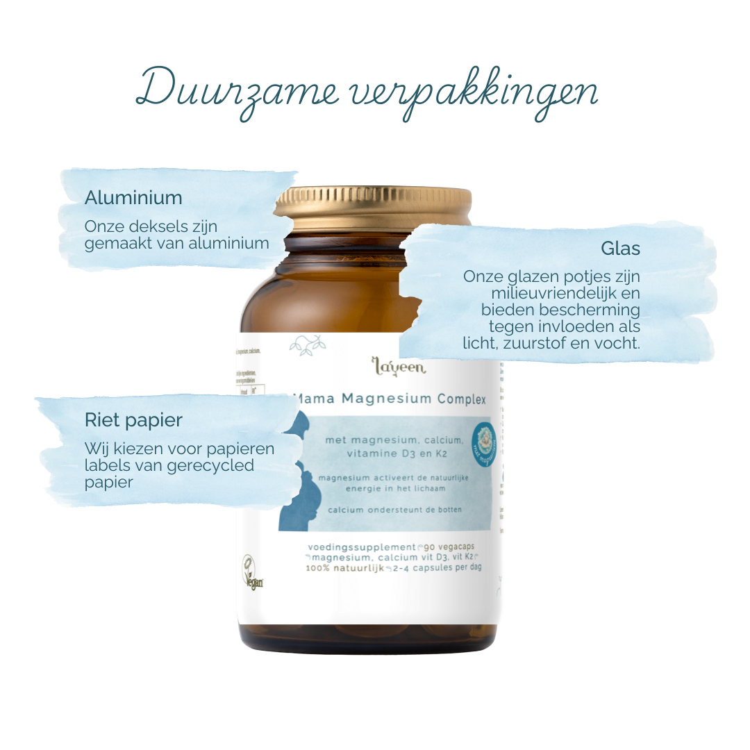 Onze verpakkingen zijn duurzaam; de capsules zitten in een glazen pot met een gerecycled rietpapieren etiket, onze deksels zijn van aluminium.