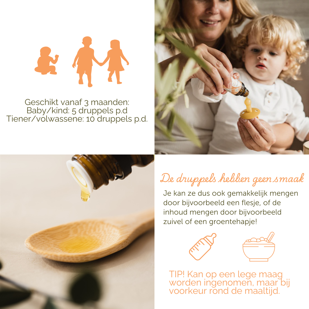 Gebruiksadviezen van de vitamine D3 K2 druppels: geschikt vanaf 3 maanden, voor baby's en kinderen 5 druppels per dag en voor tieners en volwassenen 10 druppels per dag. De druppels hebben geen smaakje en kunnen makkelijk gemengd worden door bijvoorbeeld een groentehapje.