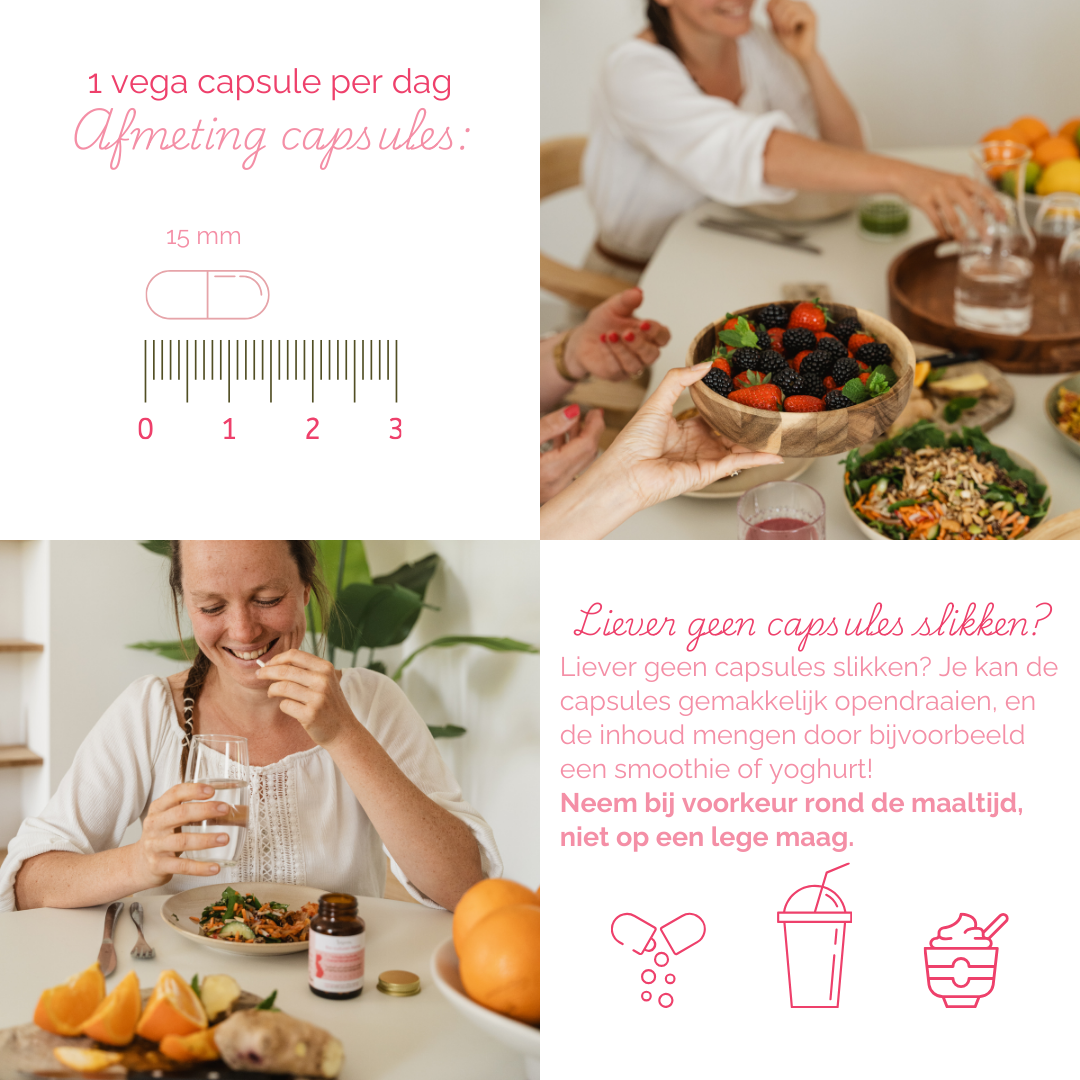 Gebruiksadviezen; 1 capsule per dag, ze zijn 15 mm lang. Je kan de capsule ook opendraaien en mengen door bijv. yoghurt.