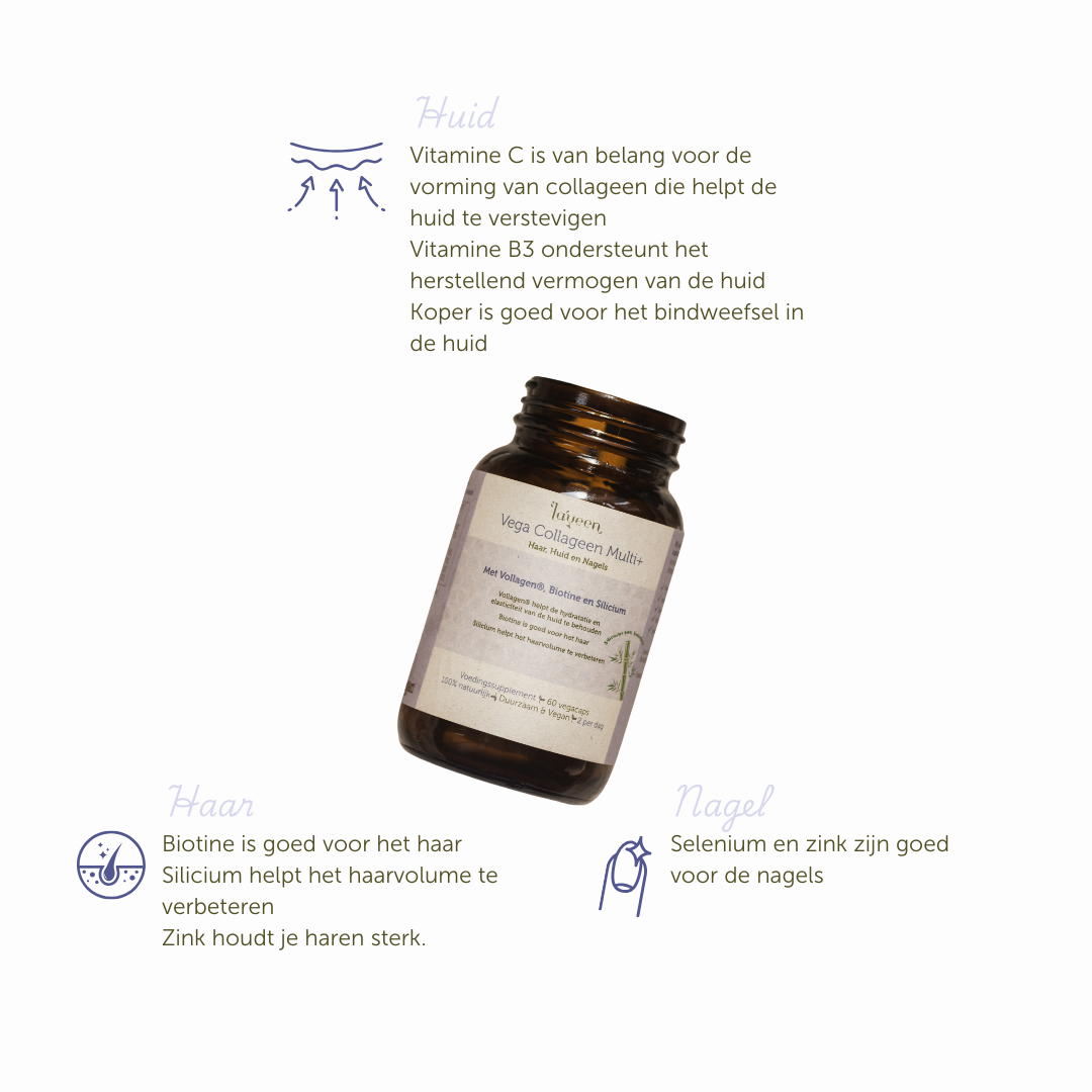 Voordelen van dit product: Vitamine C, B3 en Koper zijn goed voor de huid, biotine, silicium en zink zijn goed voor het haar, selenium en zink zijn goed voor de nagels.