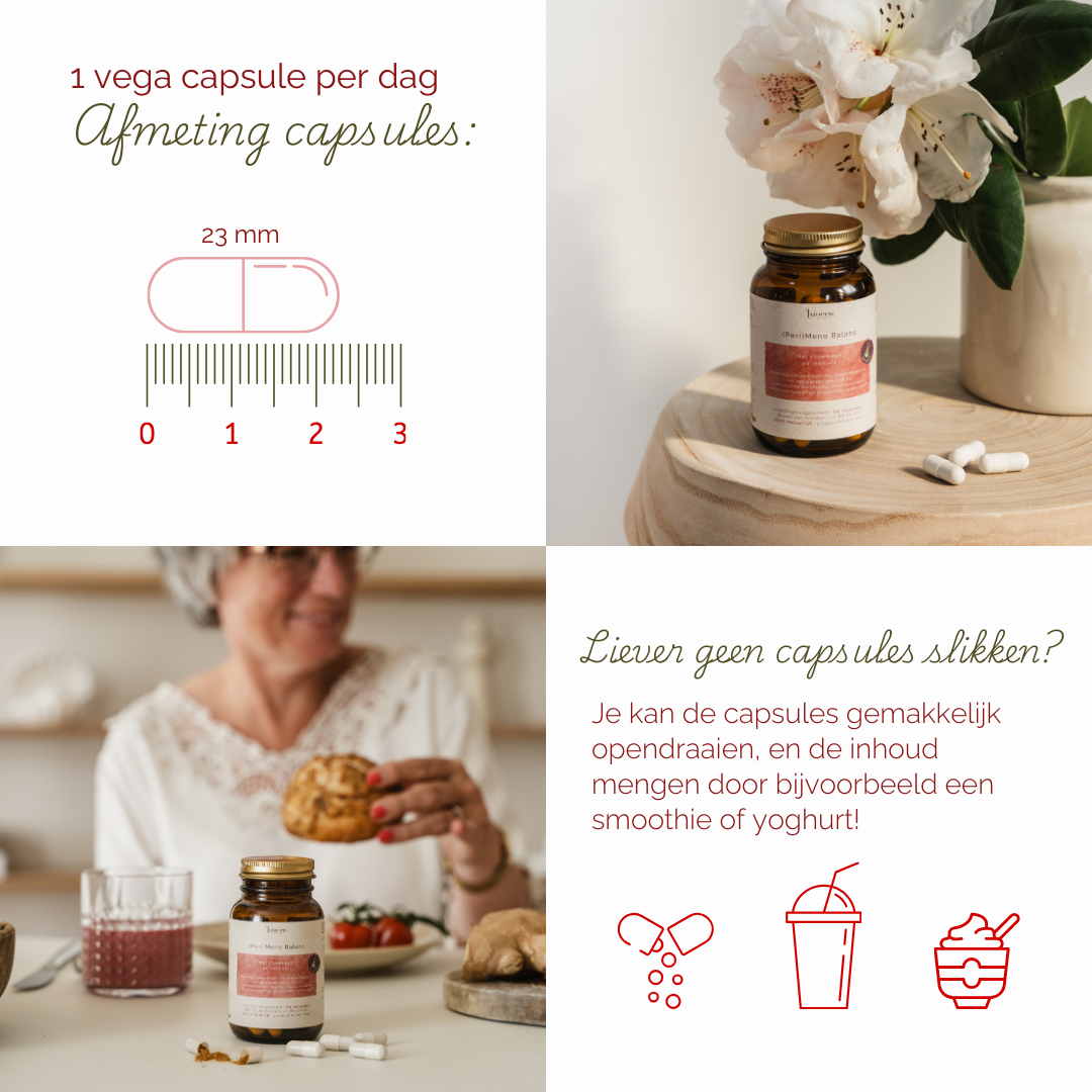 Adviezen; neem 1 capsule per dag, ze zijn 23 mm lang. Je kan de capsules ook opendraaien en door een smoothie of yoghurt mengen.