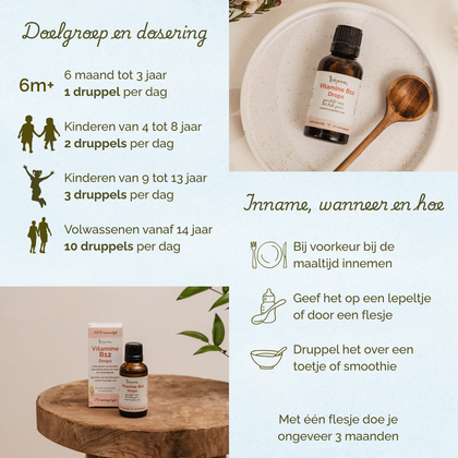 Overzicht van dosering en gebruik van Laveen Vitamine B12 druppels: vanaf 6 maanden tot 3 jaar 1 druppel per dag, kinderen van 4 tot 8 jaar 2 druppels per dag, kinderen van 9 tot 13 jaar 3 druppels per dag en vanaf 14 jaar 10 druppels per dag. Bij voorkeur innemen tijdens de maaltijd, op een lepeltje, via een flesje of door voeding zoals een smoothie. Eén flesje is voldoende voor ongeveer 3 maanden.