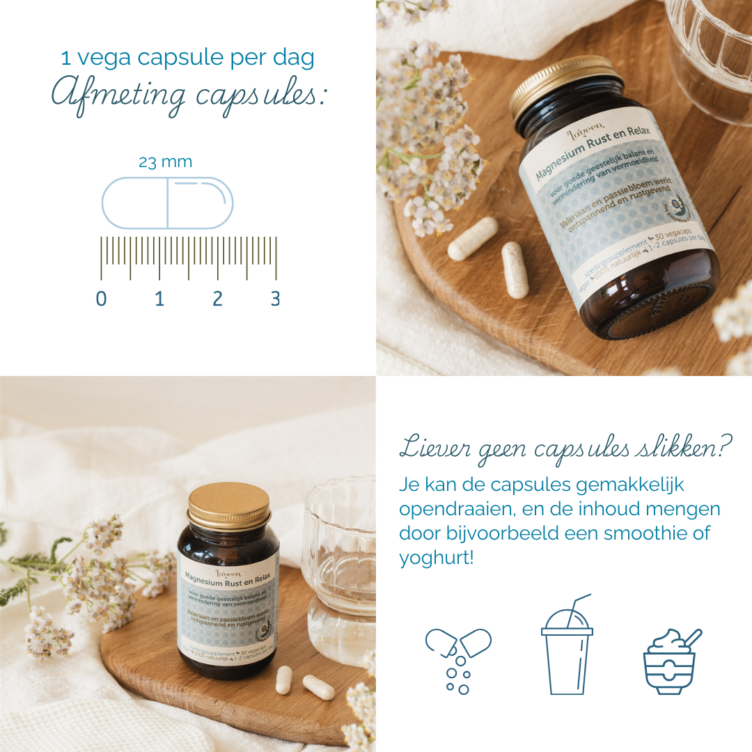 Gebruiksadviezen; 1 capsule per dag, ze zijn 23 mm lang. Ze kan ze ook opendraaien en de inhoud mengen door een smoothie of yoghurt.