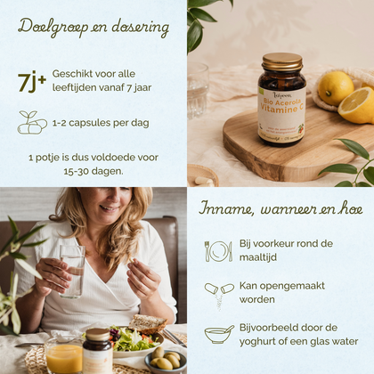 Geschikt voor alle leeftijden vanaf 7 jaar. 1-2 capsules per dag. Bij voorkeur rond de maaltijd innemen.