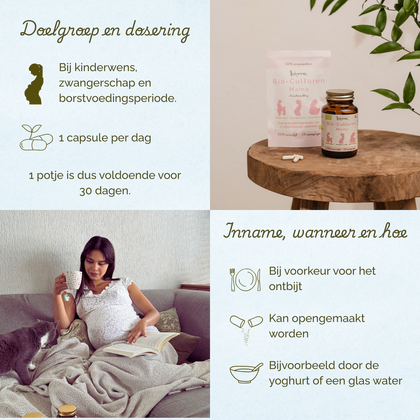Bij kinderwens zwangerschap en borstvoedingsperiode. 1 capsule per dag. Bij voorkeur voor het ontbijt.