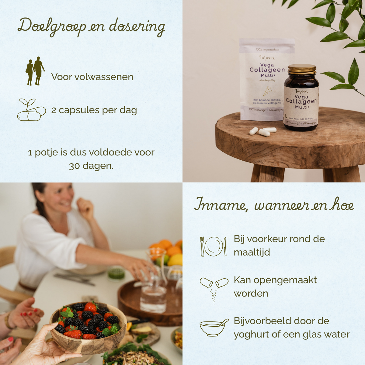 Voor volwassenen, 2 capsules per dag. Bij voorkeeur rond de maaltijd innemen.