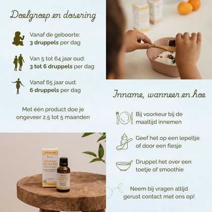 Overzicht van doelgroep en dosering van Laveen Vitamine D3 en K2 druppels. Vanaf geboorte: 3 druppels per dag. Van 5 tot 64 jaar: 3 tot 6 druppels per dag. Vanaf 65 jaar: 6 druppels per dag. Eén product is voldoende voor ongeveer 2,5 tot 5 maanden.
Inname: bij voorkeur tijdens een maaltijd. Kan gegeven worden op een lepeltje, via een flesje of gemengd door eten of een smoothie.