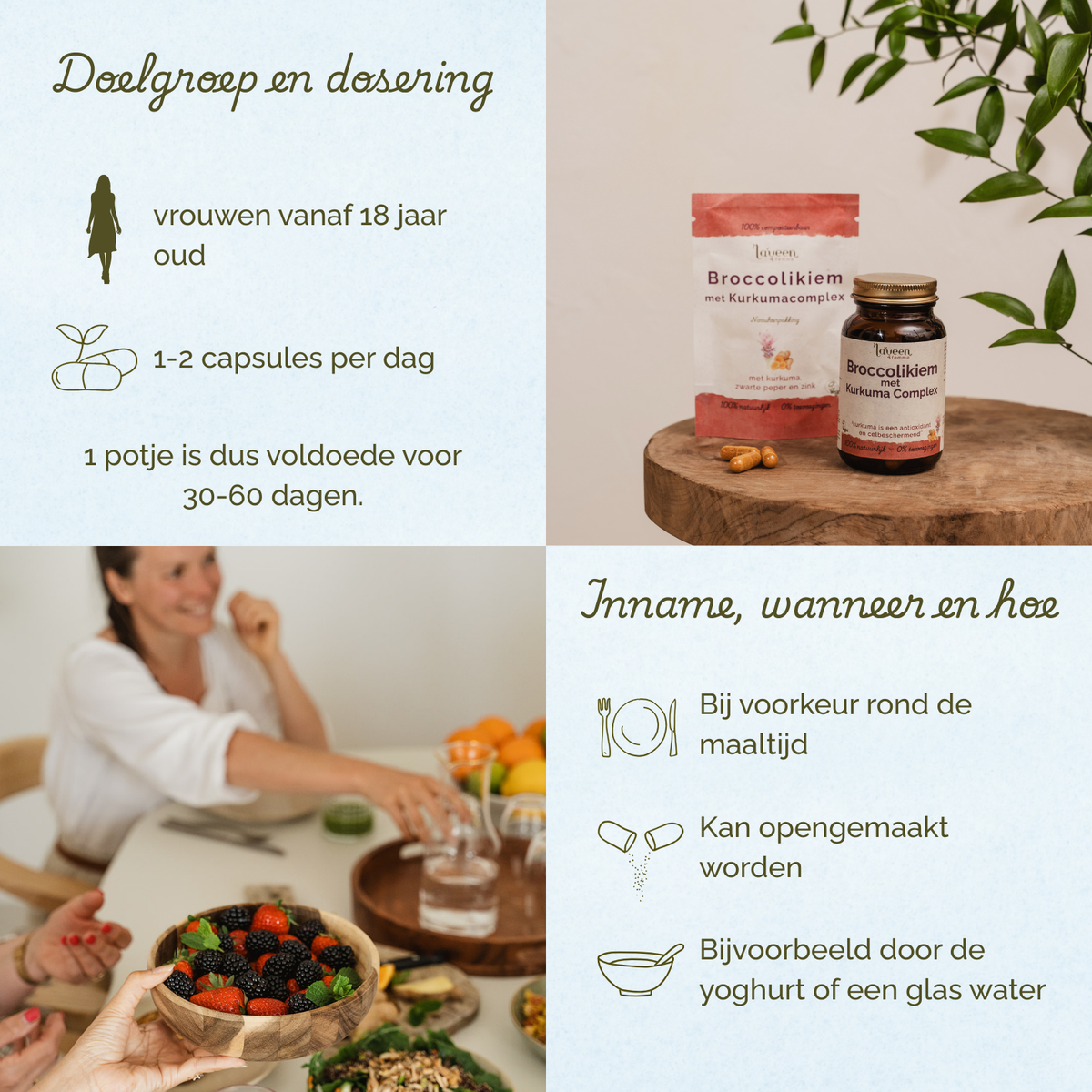 Laveen Broccolikiem met Kurkuma Complex supplement met informatie over doelgroep (vrouwen vanaf 18 jaar), dosering 1–2 capsules per dag en inname bij voorkeur rond de maaltijd.