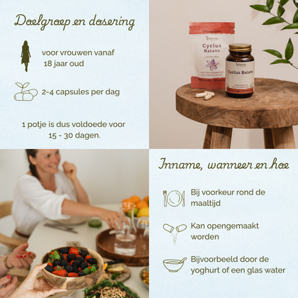Laveen Cyclus Balans supplement met informatie over doelgroep (vrouwen vanaf 18 jaar), dosering 2–4 capsules per dag en inname bij voorkeur rond de maaltijd.
