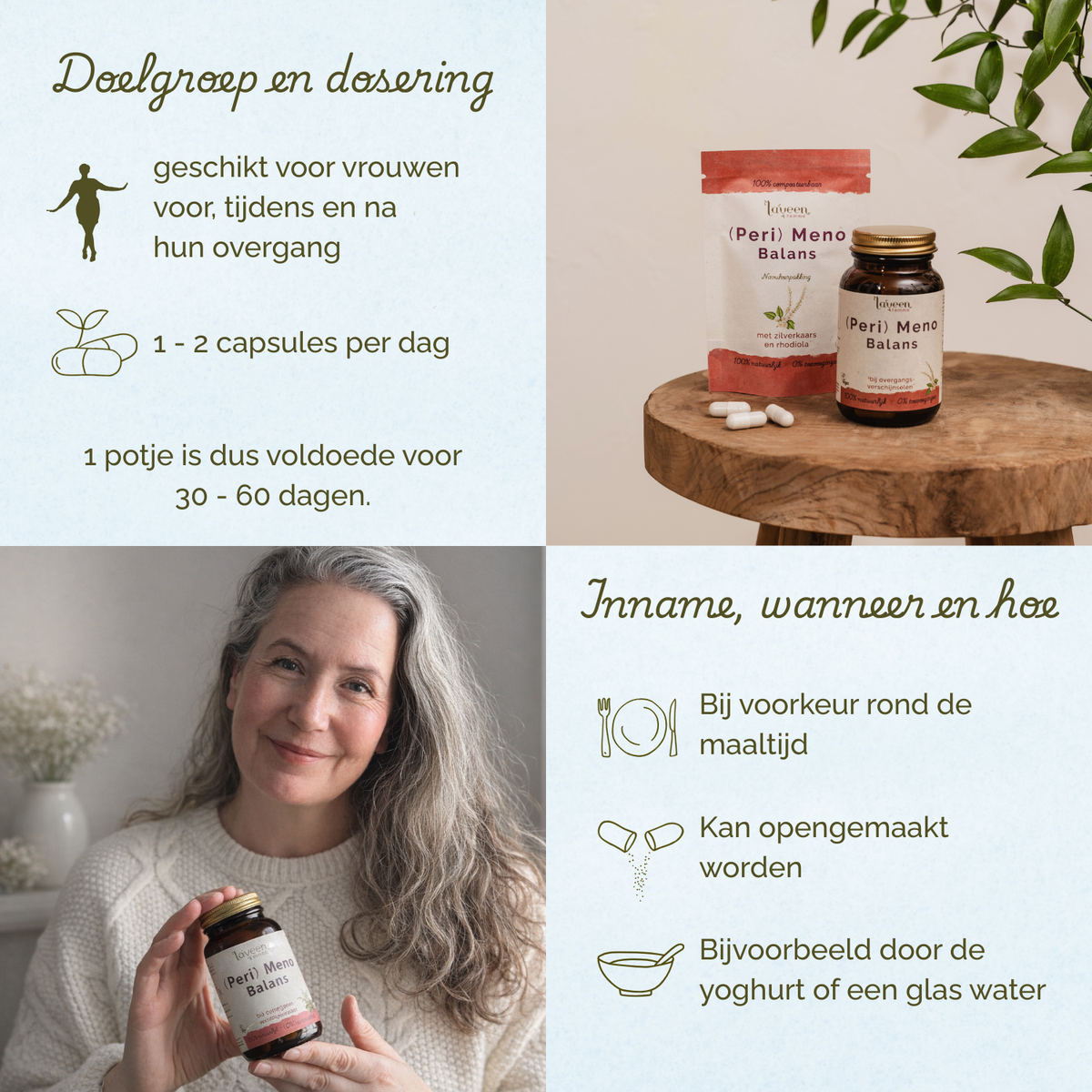 Laveen (Peri) Meno Balans supplement met informatie over doelgroep (vrouwen rond de overgang), dosering 1–2 capsules per dag en inname bij voorkeur rond de maaltijd.