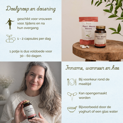 Laveen (Peri) Meno Balans supplement met informatie over doelgroep (vrouwen rond de overgang), dosering 1–2 capsules per dag en inname bij voorkeur rond de maaltijd.
