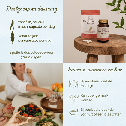 Laveen (Pre) Menstruatie Balans supplement met doseringsinformatie: vanaf 12 jaar maximaal 1 capsule per dag, vanaf 18 jaar 1–2 capsules per dag, inname bij voorkeur rond de maaltijd.