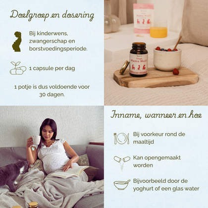 Laveen Vega Mama Multi multivitamine met gebruiksadvies: 1 capsule per dag bij kinderwens, zwangerschap en borstvoeding, bij voorkeur rond de maaltijd.