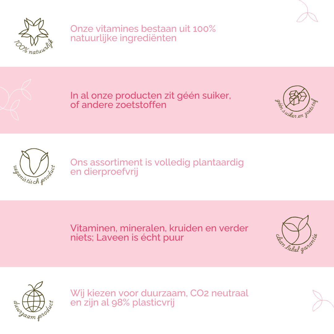 Laveen's USP's: 100% natuurlijk, geen suiker of zoetstoffen, alles is plantaardig en dierproefvrij, clean label dus geen toevoegingen, en duurzaam.