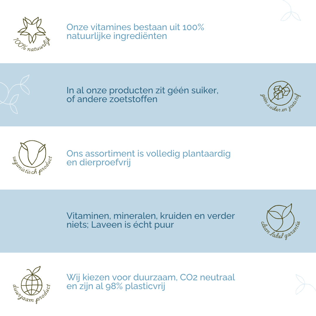 Laveen's USP's: 100% natuurlijk, geen suiker of zoetstoffen, alles is plantaardig en dierproefvrij, clean label dus geen toevoegingen, en duurzaam.