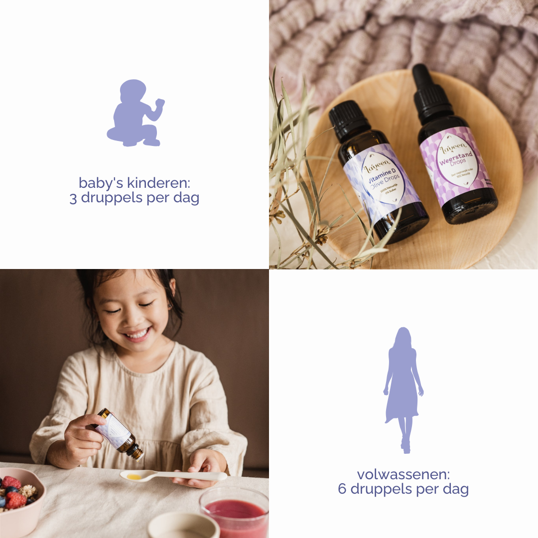 Gebruiksadvies: baby's en kinderen 3 druppels per dag, volwassenen 6 druppels per dag.