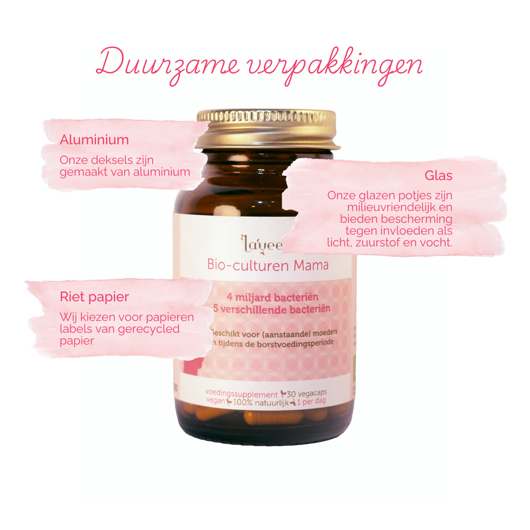 Onze verpakkingen zijn duurzaam; de capsules zitten in een glazen pot met een gerecycled rietpapieren etiket, onze deksels zijn van aluminium.