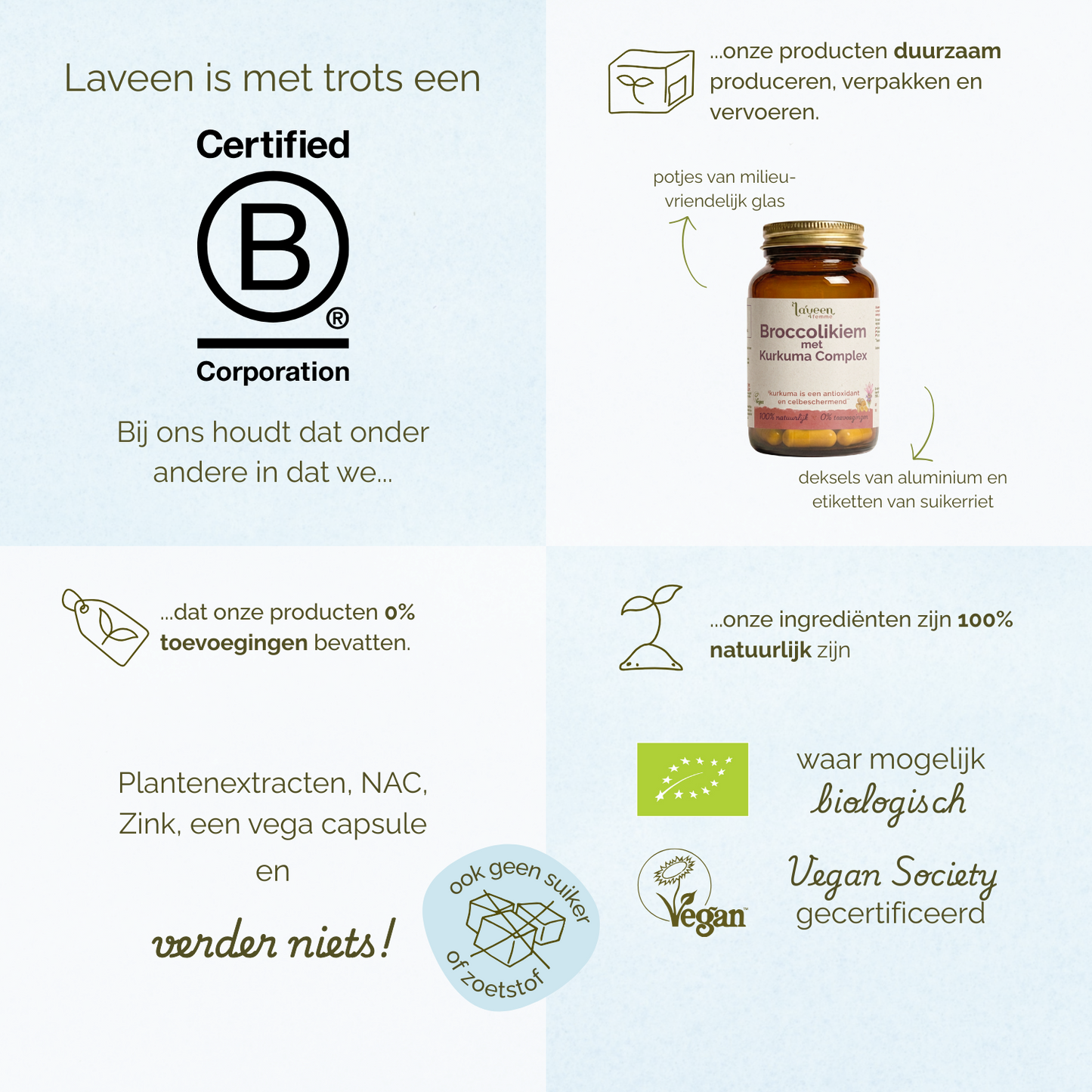 Laveen B Corp gecertificeerd supplementmerk met duurzaam geproduceerde vitamines in glazen potjes, 100% natuurlijke ingrediënten, zonder toevoegingen, vegan capsules en waar mogelijk biologisch.