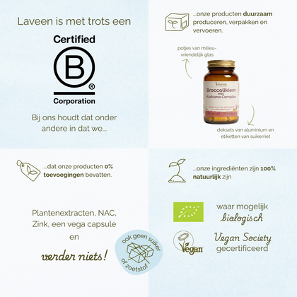 Laveen B Corp gecertificeerd supplementmerk met duurzaam geproduceerde vitamines in glazen potjes, 100% natuurlijke ingrediënten, zonder toevoegingen, vegan capsules en waar mogelijk biologisch.