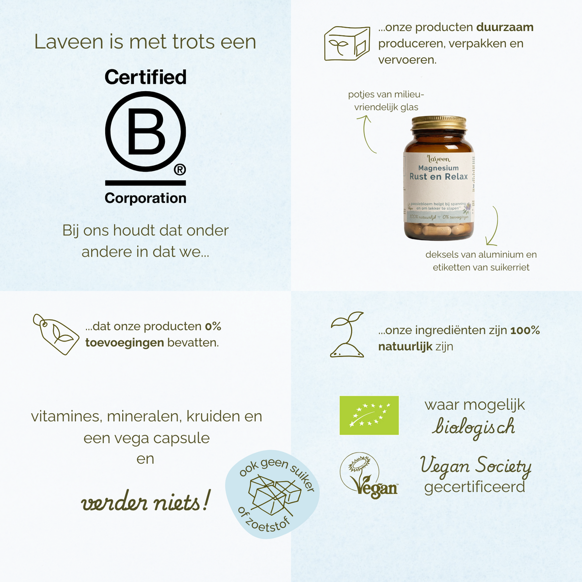 Overzicht van Laveen merkwaarden: B Corp gecertificeerd, duurzame verpakkingen, 100% natuurlijke ingrediënten, zonder toevoegingen, vegan en waar mogelijk biologisch.