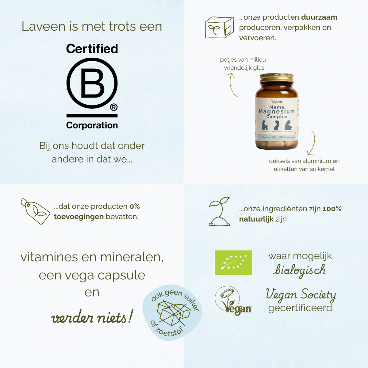 Laveen B Corp gecertificeerd supplementmerk met duurzaam geproduceerde vitamines in glazen potjes, 100% natuurlijke ingrediënten, zonder toevoegingen, vegan capsules en waar mogelijk biologisch.