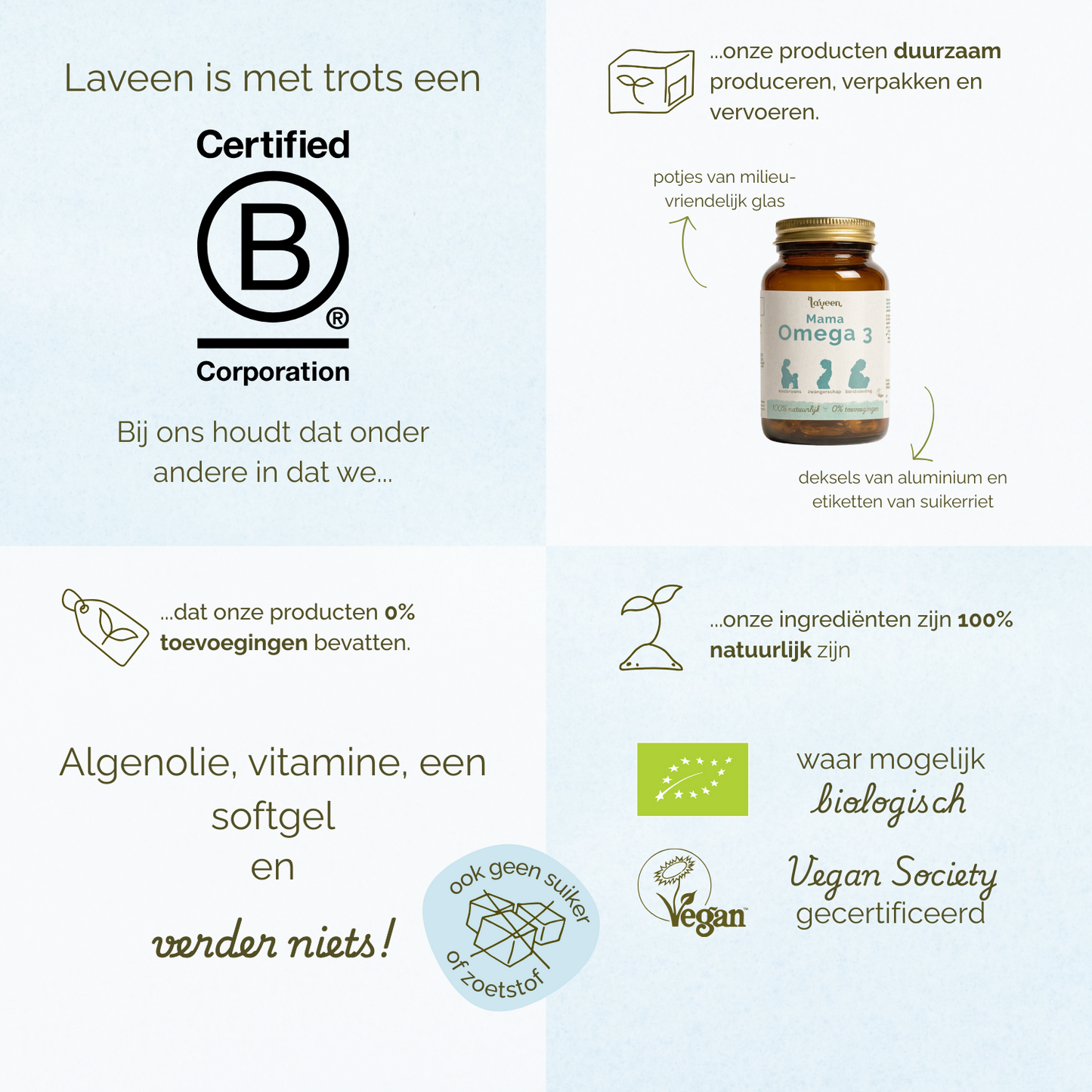 Laveen B Corp gecertificeerd supplementmerk met duurzaam geproduceerde vitamines in glazen potjes, 100% natuurlijke ingrediënten, zonder toevoegingen, vegan capsules en waar mogelijk biologisch.