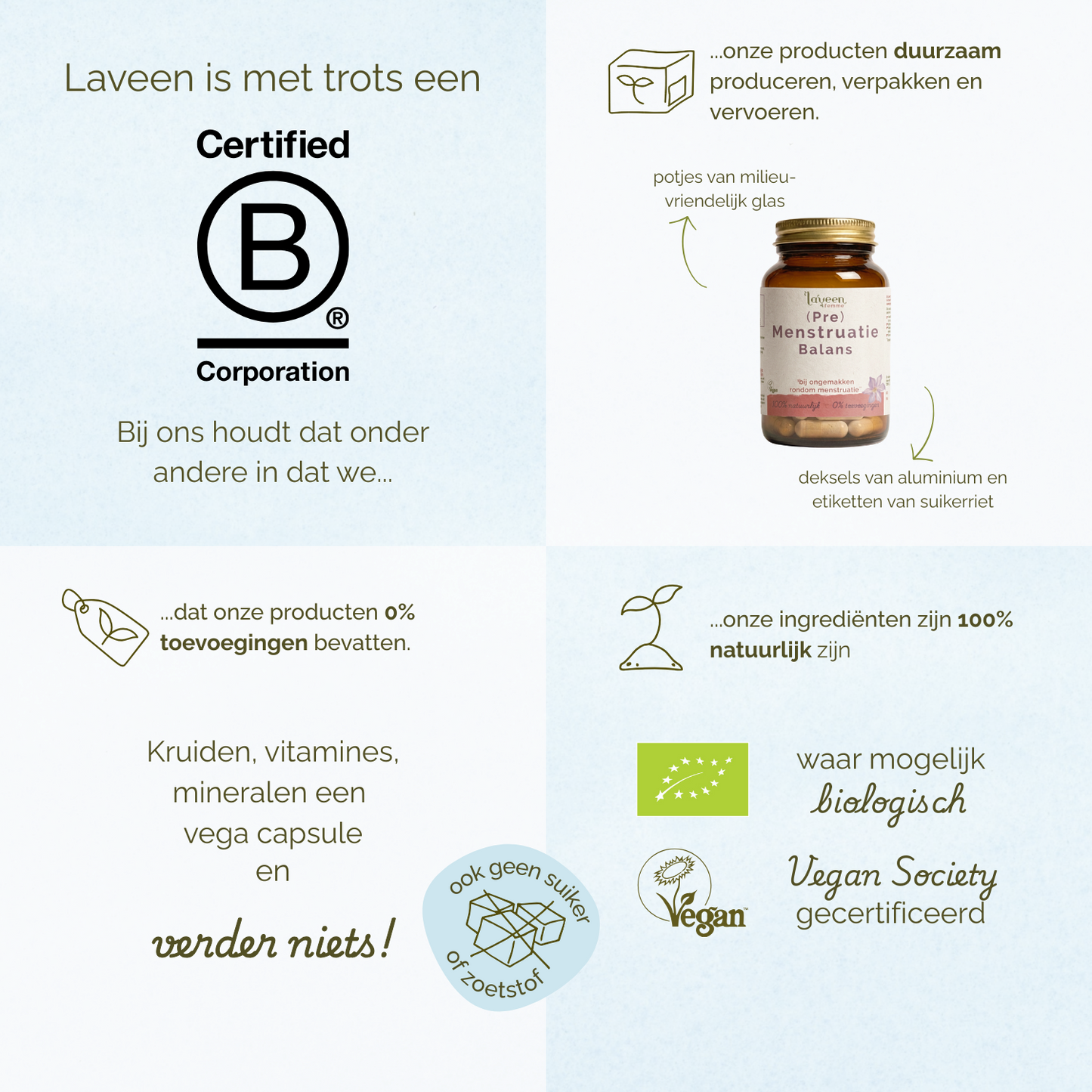 Laveen B Corp gecertificeerd supplementmerk met duurzaam geproduceerde vitamines in glazen potjes, 100% natuurlijke ingrediënten, zonder toevoegingen, vegan capsules en waar mogelijk biologisch.