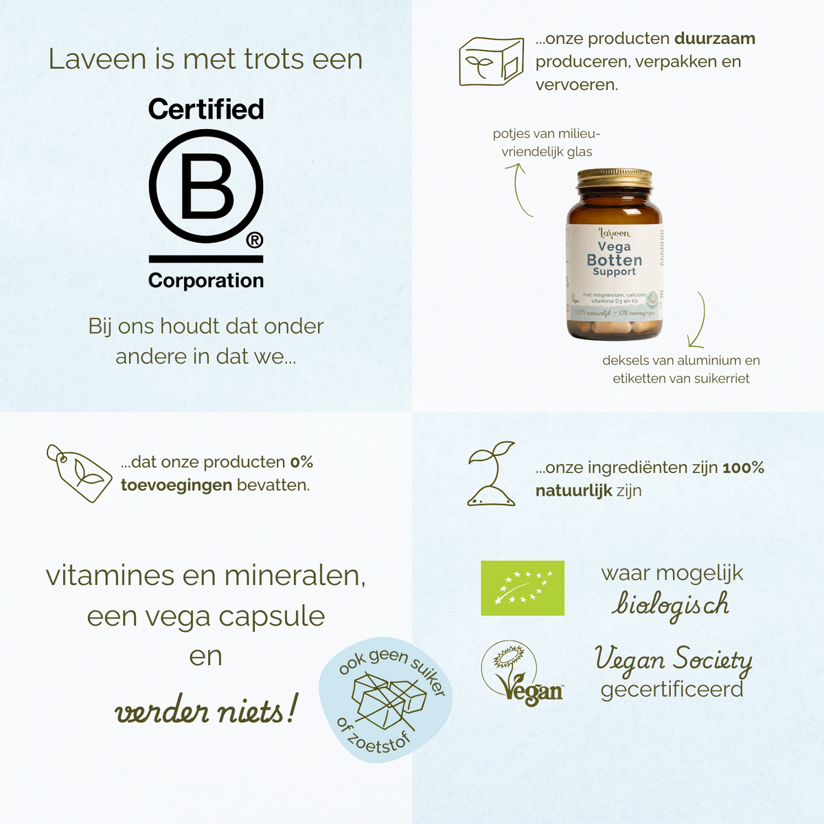Overzicht van Laveen merkwaarden: B Corp gecertificeerd, duurzame verpakkingen, 100% natuurlijke ingrediënten, zonder toevoegingen, vegan en waar mogelijk biologisch.