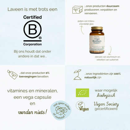Overzicht van Laveen merkwaarden: B Corp gecertificeerd, duurzame verpakkingen, 100% natuurlijke ingrediënten, zonder toevoegingen, vegan en waar mogelijk biologisch.