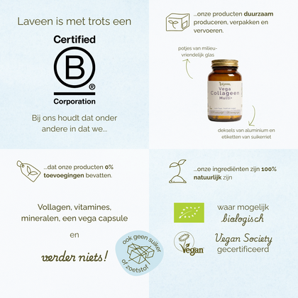 Overzicht van Laveen merkwaarden: B Corp gecertificeerd, duurzame verpakkingen, 100% natuurlijke ingrediënten, zonder toevoegingen, vegan en waar mogelijk biologisch.