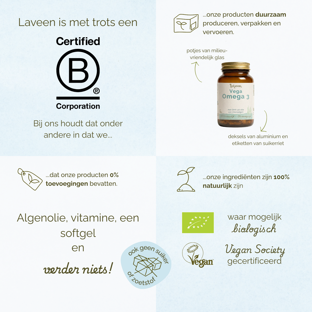Overzicht van Laveen merkwaarden: B Corp gecertificeerd, duurzame verpakkingen, 100% natuurlijke ingrediënten, zonder toevoegingen, vegan en waar mogelijk biologisch.