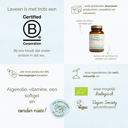Overzicht van Laveen merkwaarden: B Corp gecertificeerd, duurzame verpakkingen, 100% natuurlijke ingrediënten, zonder toevoegingen, vegan en waar mogelijk biologisch.