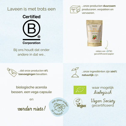 Overzicht van Laveen merkwaarden: B Corp gecertificeerd, duurzame verpakkingen, 100% natuurlijke ingrediënten, zonder toevoegingen, vegan en waar mogelijk biologisch.