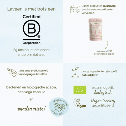 Overzicht van Laveen merkwaarden: B Corp gecertificeerd, duurzame verpakkingen, 100% natuurlijke ingrediënten, zonder toevoegingen, vegan en waar mogelijk biologisch.