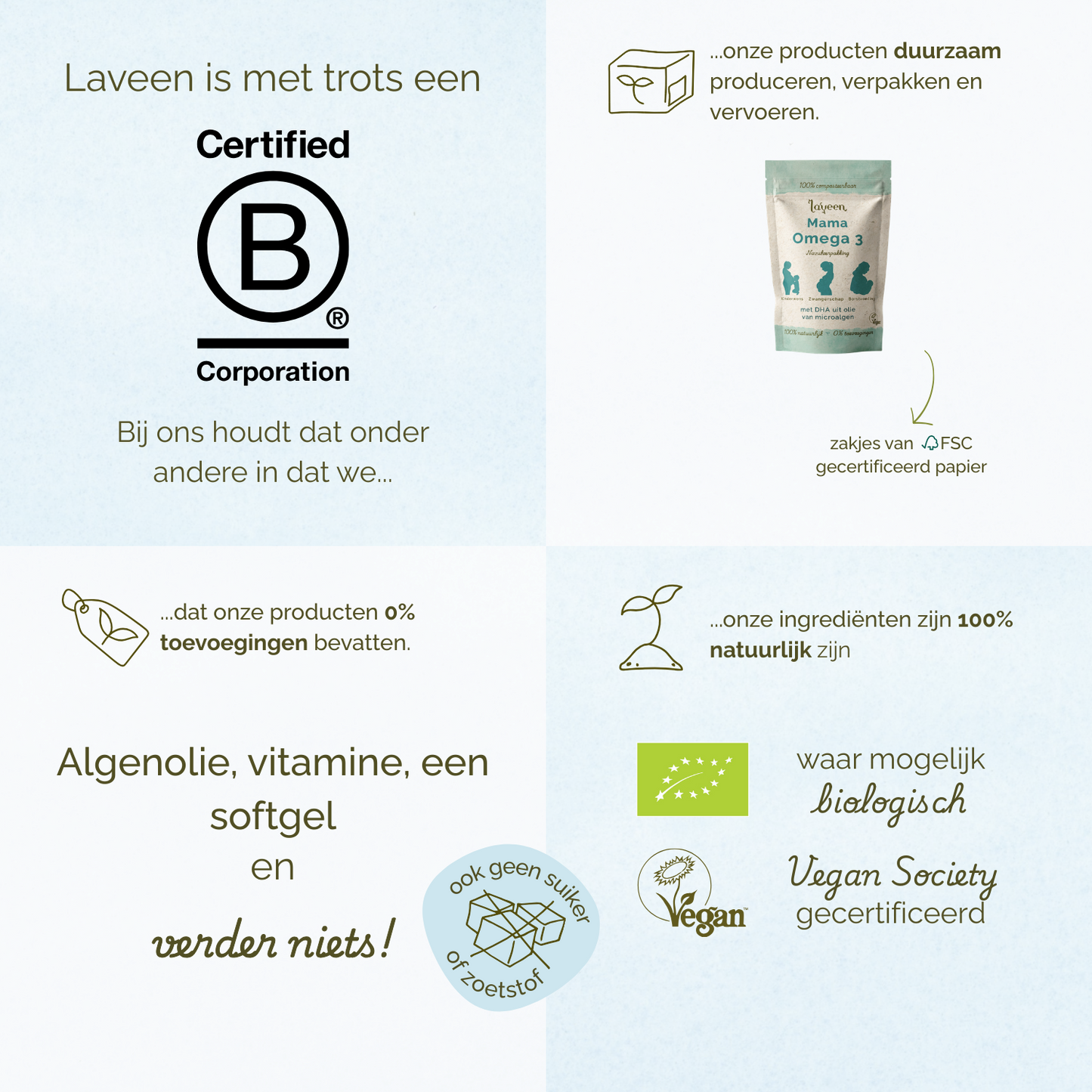 Overzicht van Laveen merkwaarden: B Corp gecertificeerd, duurzame verpakkingen, 100% natuurlijke ingrediënten, zonder toevoegingen, vegan en waar mogelijk biologisch.