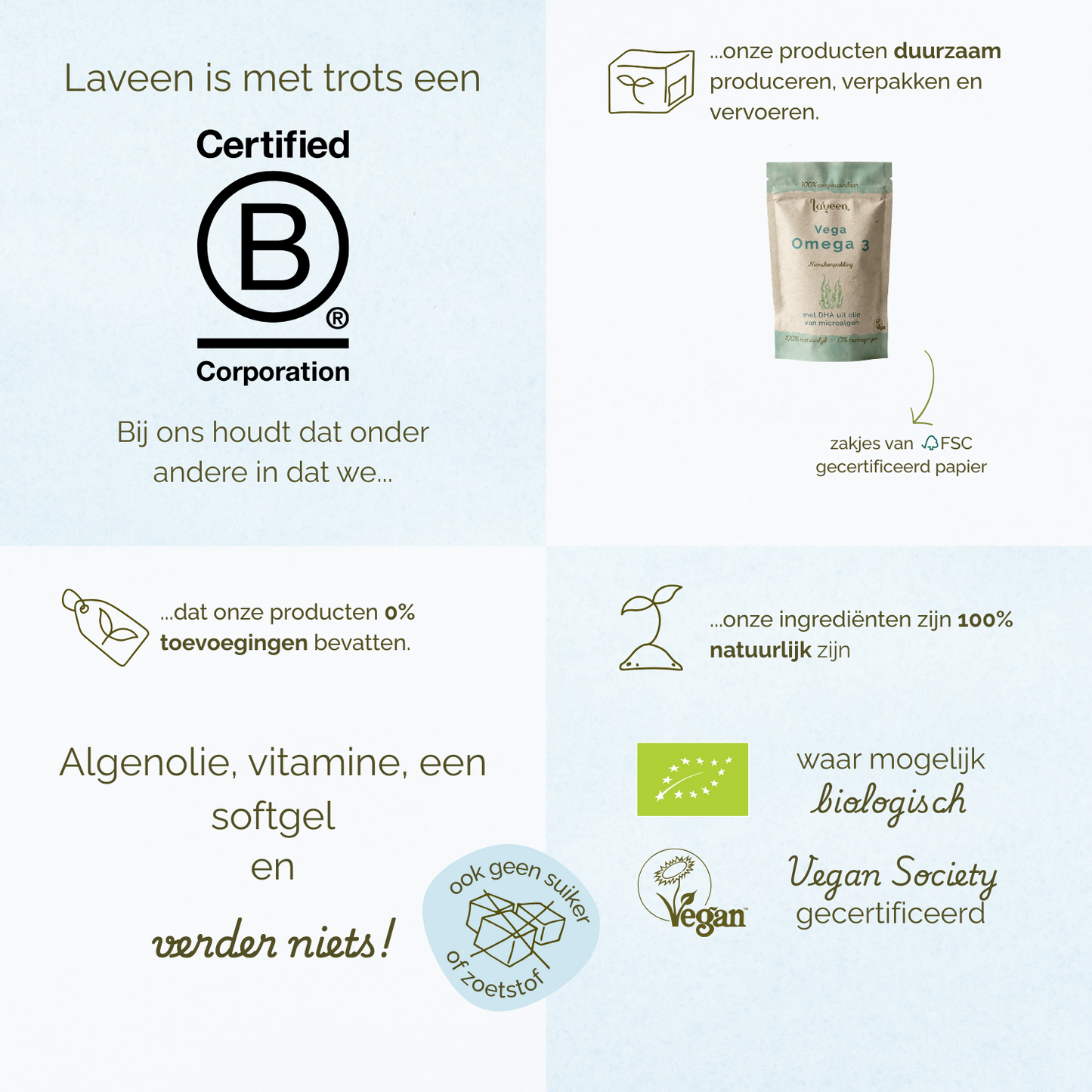 Overzicht van Laveen merkwaarden: B Corp gecertificeerd, duurzame verpakkingen, 100% natuurlijke ingrediënten, zonder toevoegingen, vegan en waar mogelijk biologisch.