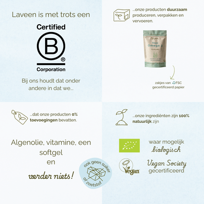 Overzicht van Laveen merkwaarden: B Corp gecertificeerd, duurzame verpakkingen, 100% natuurlijke ingrediënten, zonder toevoegingen, vegan en waar mogelijk biologisch.