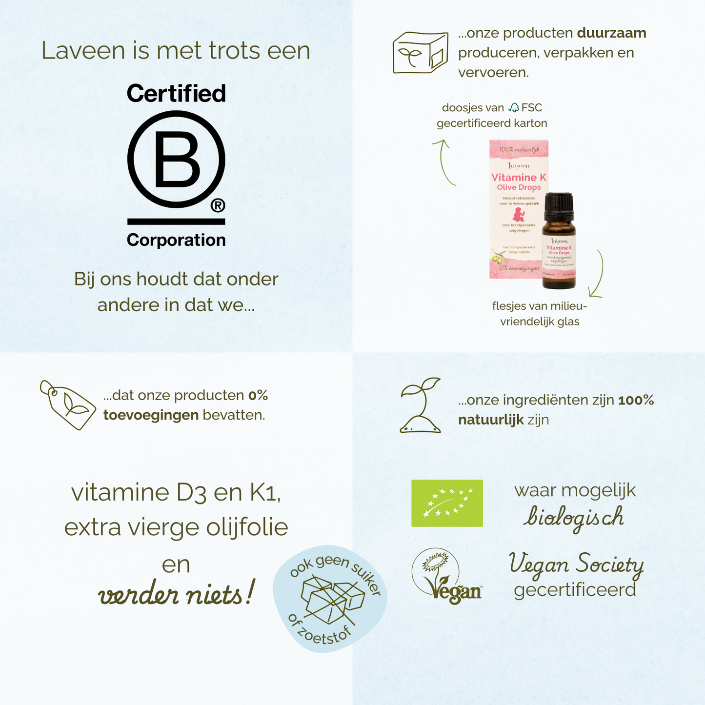 Overzicht van Laveen merkwaarden: B Corp gecertificeerd, duurzame verpakkingen, 100% natuurlijke ingrediënten, zonder toevoegingen, vegan en waar mogelijk biologisch.