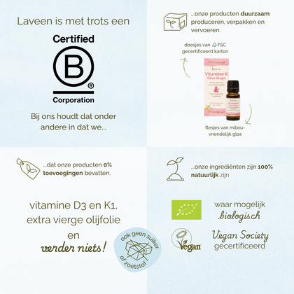 Overzicht van Laveen merkwaarden: B Corp gecertificeerd, duurzame verpakkingen, 100% natuurlijke ingrediënten, zonder toevoegingen, vegan en waar mogelijk biologisch.