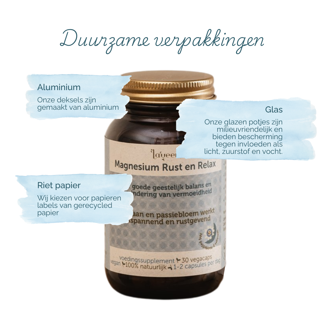 Onze verpakkingen zijn duurzaam; de capsules zitten in een glazen pot met een gerecycled rietpapieren etiket, onze deksels zijn van aluminium.