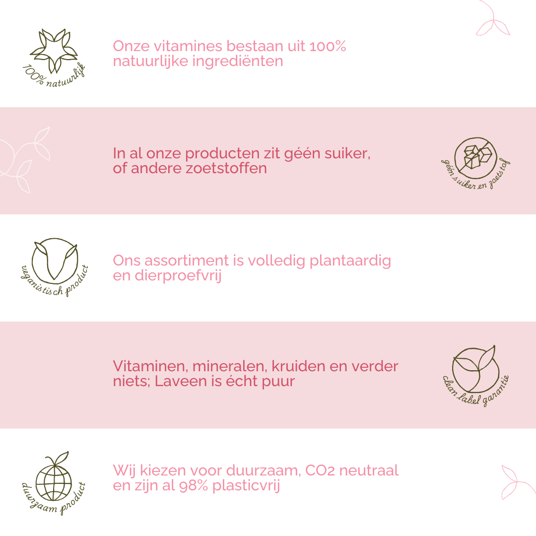 Laveen's USP's: 100% natuurlijk, geen suiker of zoetstoffen, alles is plantaardig en dierproefvrij, clean label dus geen toevoegingen, en duurzaam.