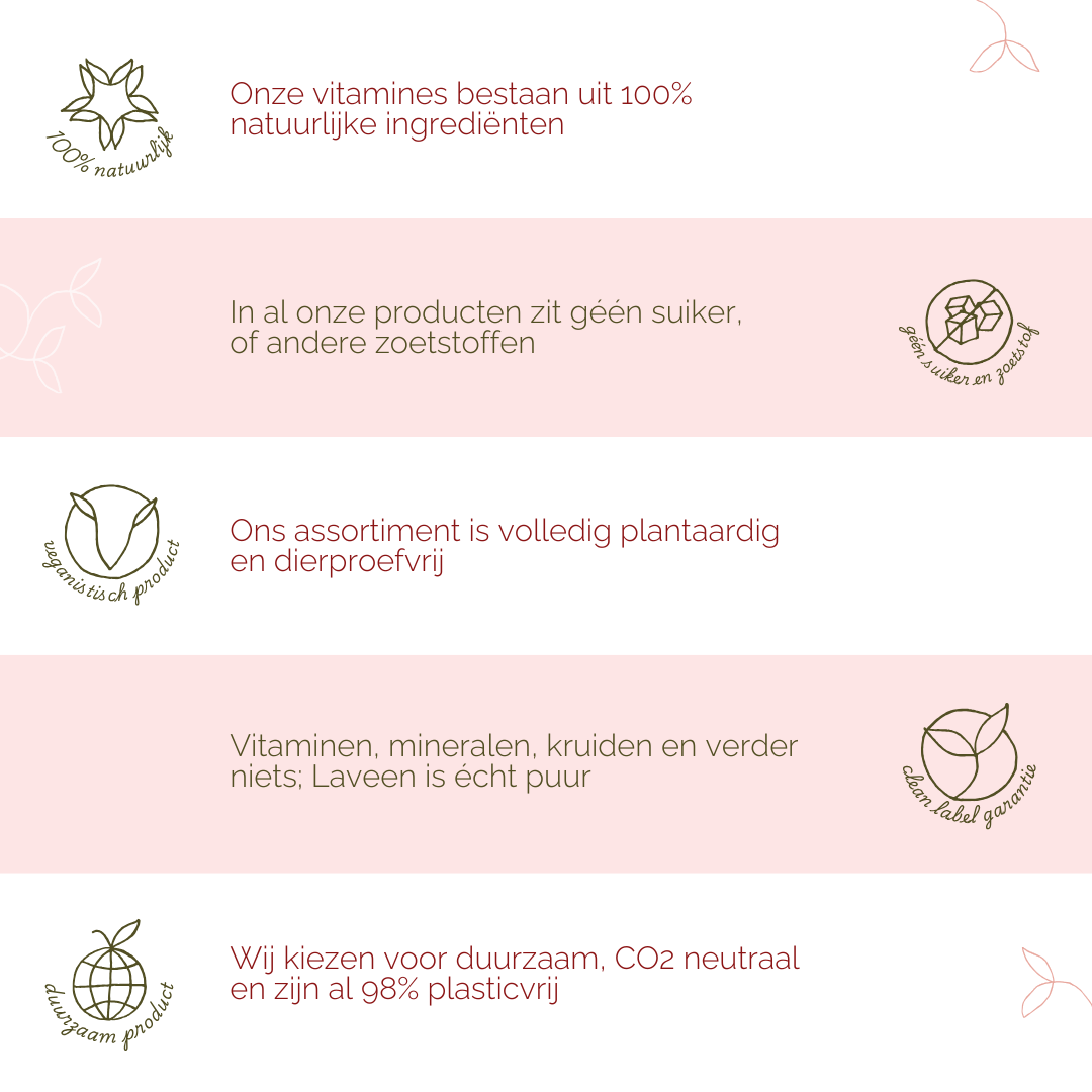 Laveen's USP's: 100% natuurlijk, geen suiker of zoetstoffen, alles is plantaardig en dierproefvrij, clean label dus geen toevoegingen, en duurzaam.