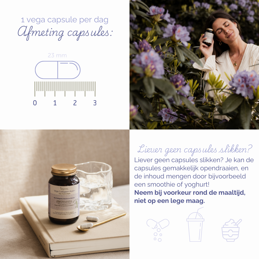 Gebruiksadviezen; 2 capsules per dag, 1 capsule is 23 mm. Je kan de capsules ook opendraaien en mengen door bijv. een smoothie of yoghurt.