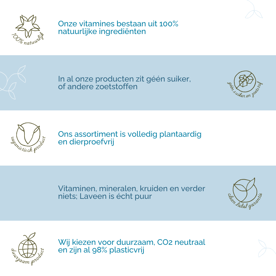 Laveen's USP's: 100% natuurlijk, geen suiker of zoetstoffen, alles is plantaardig en dierproefvrij, clean label dus geen toevoegingen, en duurzaam.