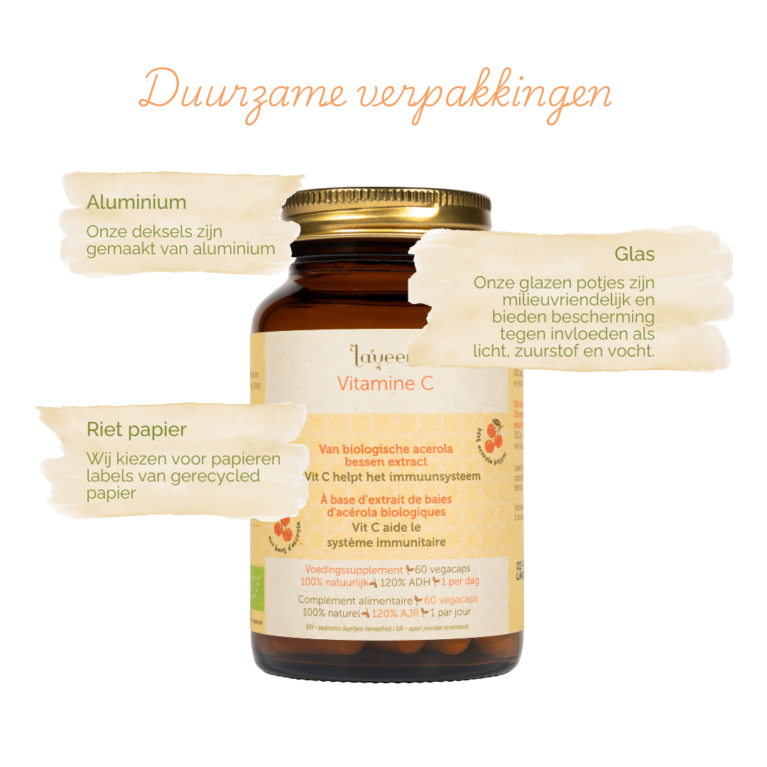 Onze verpakkingen zijn duurzaam; de capsules zitten in een glazen pot met een gerecycled rietpapieren etiket, onze deksels zijn van aluminium.