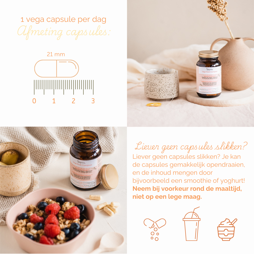 Gebruiksadviezen: 1 capsule per dag, ze zijn 21 mm lang. Je kan de capsule ook opendraaien en mengen door bijvoorbeeld een smoothie of yoghurt.