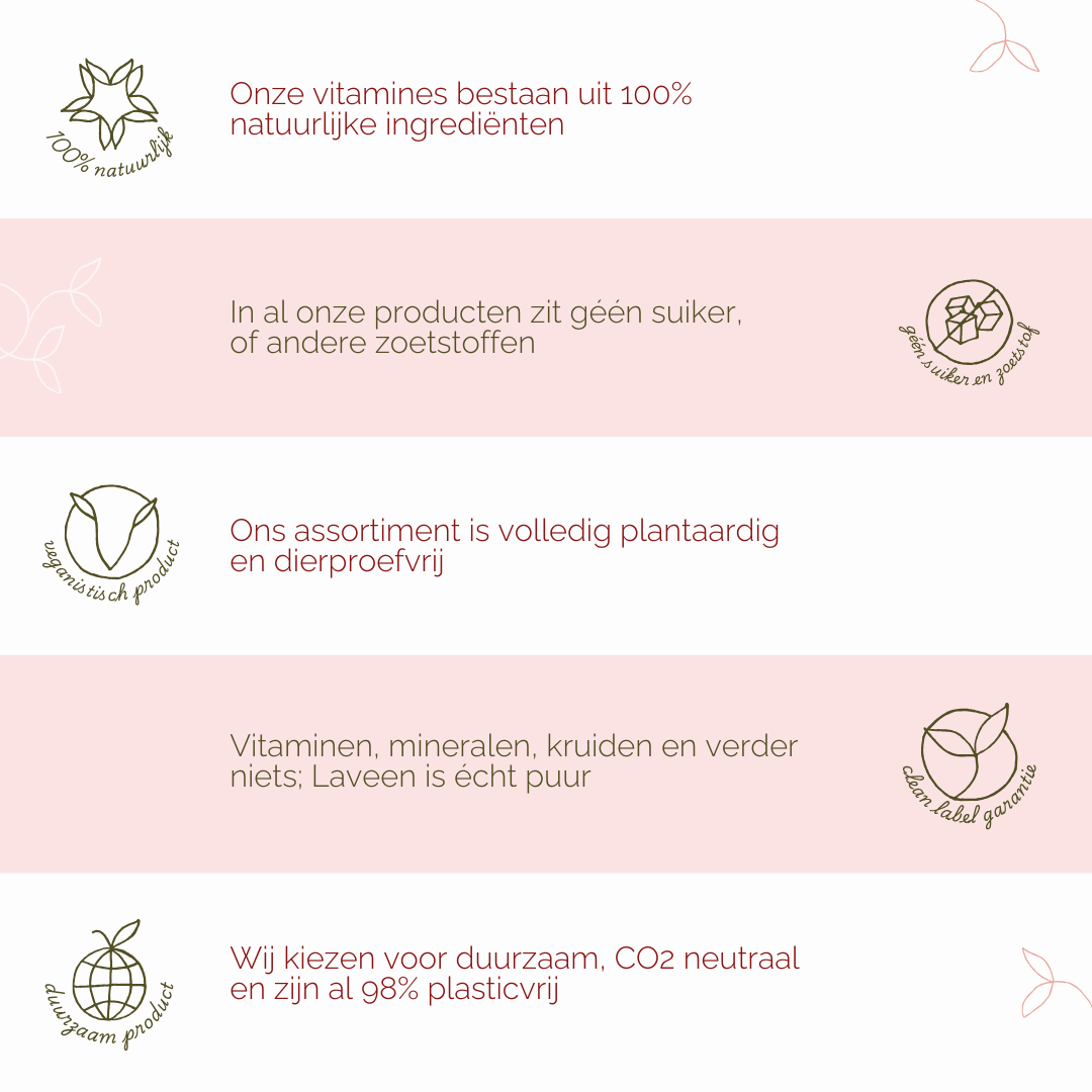 Laveen's USP's: 100% natuurlijk, geen suiker of zoetstoffen, alles is plantaardig en dierproefvrij, clean label dus geen toevoegingen, en duurzaam.