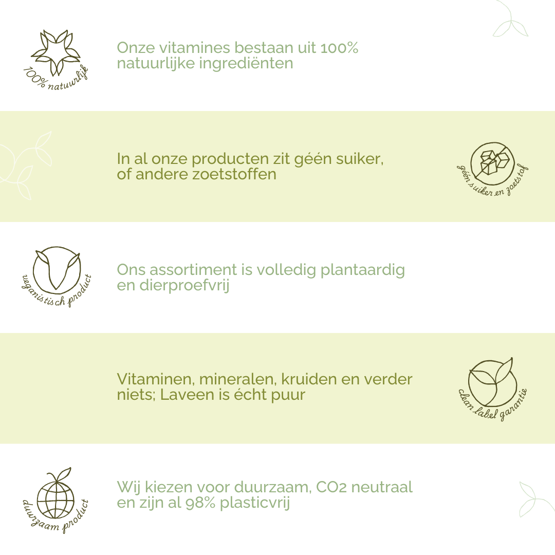 Laveen's USP's: 100% natuurlijk, geen suiker of zoetstoffen, alles is plantaardig en dierproefvrij, clean label dus geen toevoegingen, en duurzaam.